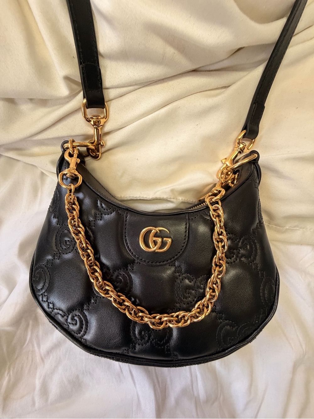 AUTHENTIC Gucci Black Quilted Shoulder Bag with Gold Chain